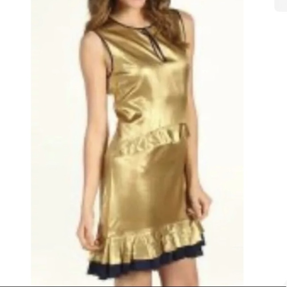Juicy Couture 100% Silk Gold Ruffle Sleeve Dress Size 4 - Picture 2 of 16